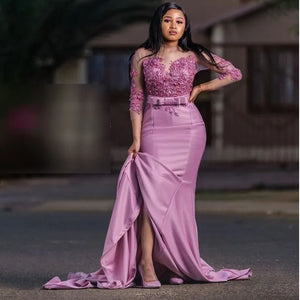 New Light Lavender Mermaid Long Sleeves Evening Dress Sheer Lace Sweep Train 2021 Best Women Wedding Guest Party Gowns