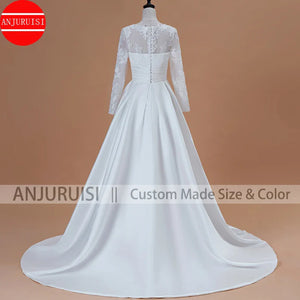 Vestidos De Novia Long Sleeves Wedding Dress 2020 Scoop Satin Lace Appliques A-Line Bridal Gown With Pockets Robe Mariage Boda