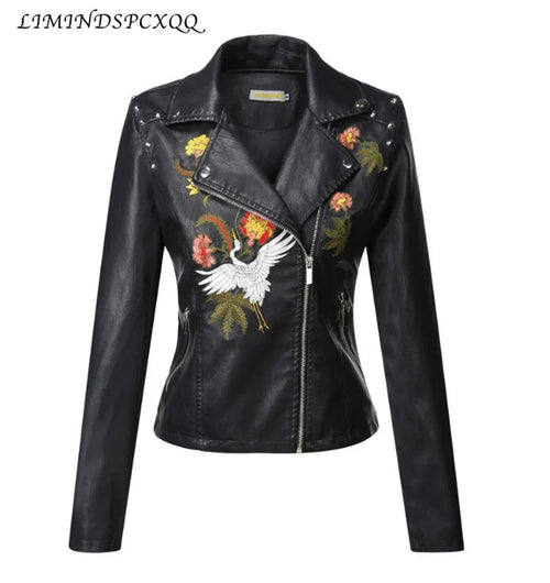Autumn Flowers Embroidery Pu Leather Jacket Women Turn-down Collar Rivet Zipper Black Biker Coats Tops Clothes Ropa De Mujer