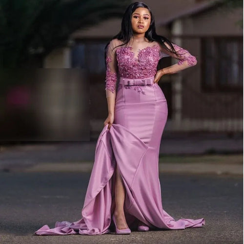 New Light Lavender Mermaid Long Sleeves Evening Dress Sheer Lace Sweep Train 2021 Best Women Wedding Guest Party Gowns