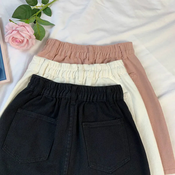 Skirts Women Solid Denim Mini High Elastic Waist Skirt A-line Simple Trendy Summer New Ulzzang Daily Students Cute Pink Leisure