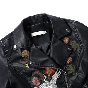 Autumn Flowers Embroidery Pu Leather Jacket Women Turn-down Collar Rivet Zipper Black Biker Coats Tops Clothes Ropa De Mujer
