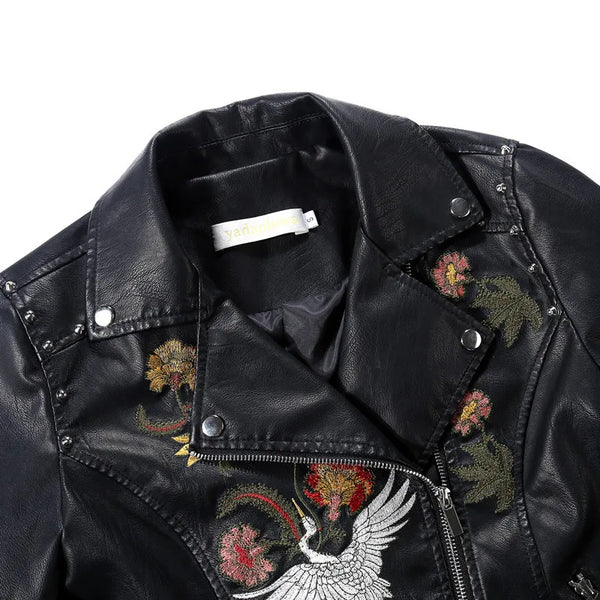 Autumn Flowers Embroidery Pu Leather Jacket Women Turn-down Collar Rivet Zipper Black Biker Coats Tops Clothes Ropa De Mujer