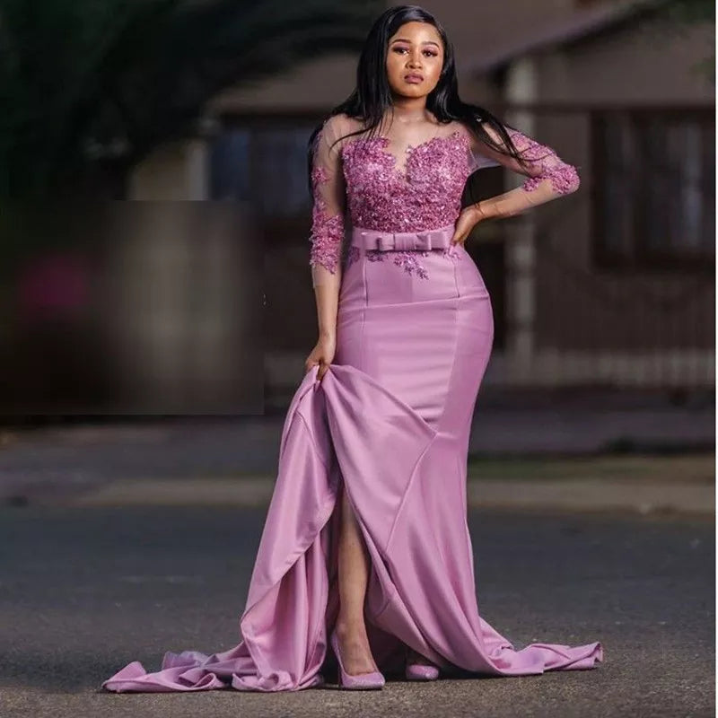 New Light Lavender Mermaid Long Sleeves Evening Dress Sheer Lace Sweep Train 2021 Best Women Wedding Guest Party Gowns