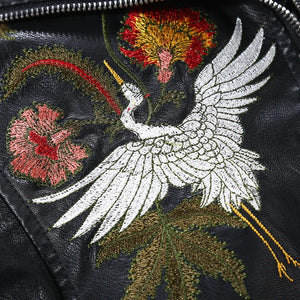 Autumn Flowers Embroidery Pu Leather Jacket Women Turn-down Collar Rivet Zipper Black Biker Coats Tops Clothes Ropa De Mujer
