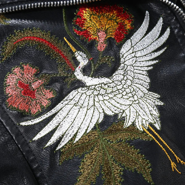 Autumn Flowers Embroidery Pu Leather Jacket Women Turn-down Collar Rivet Zipper Black Biker Coats Tops Clothes Ropa De Mujer