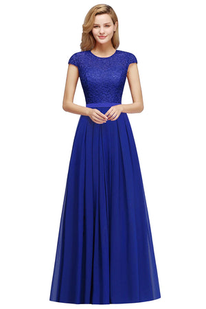 Popular Dusty Blue Lace Chiffon Long Bridesmaid Dresses Charming Short Sleeve Wedding Guest Dresses robe demoiselle d'honneur