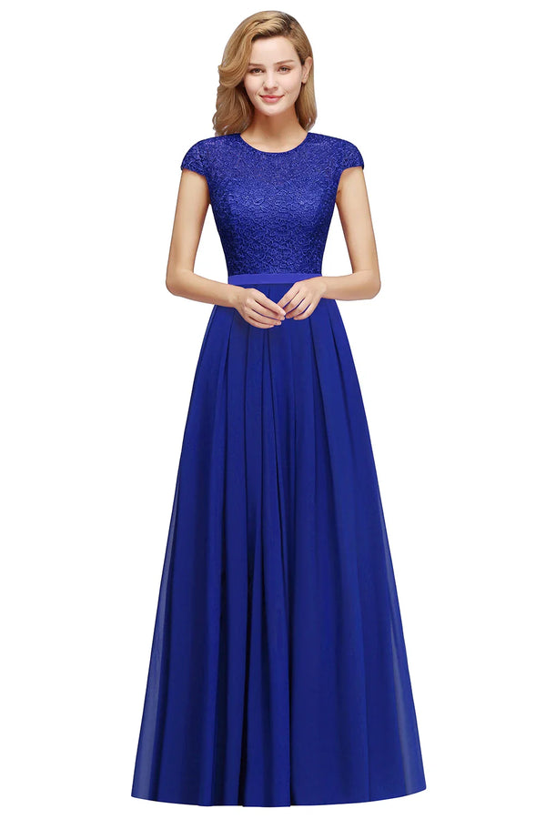 Popular Dusty Blue Lace Chiffon Long Bridesmaid Dresses Charming Short Sleeve Wedding Guest Dresses robe demoiselle d'honneur