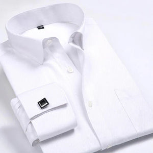Men's Classic French Cuffs Striped Dress Shirt Single Patch Pocket Standard-fit Long Sleeve Wedding Shirts (Cufflink Included)