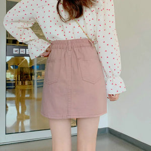 Skirts Women Solid Denim Mini High Elastic Waist Skirt A-line Simple Trendy Summer New Ulzzang Daily Students Cute Pink Leisure