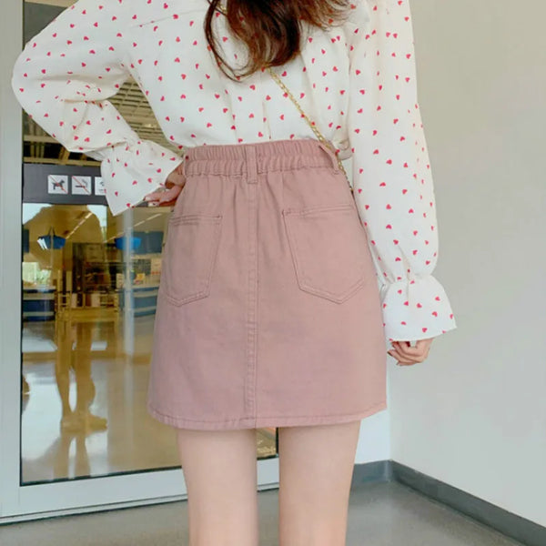 Skirts Women Solid Denim Mini High Elastic Waist Skirt A-line Simple Trendy Summer New Ulzzang Daily Students Cute Pink Leisure