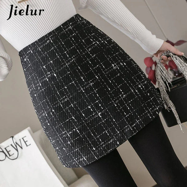 Jielur Women Skirt A-line Slim High Waist Zipper Autumn Winter Black Mini Skirts Womens Chic Saia Faldas Korean S-XL Plaid Skirt