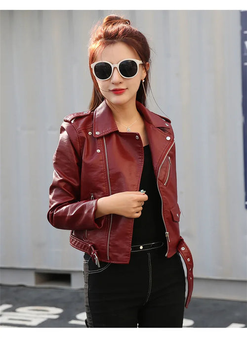 Spring Autumn Motorcycle Leather Jackets Women Short PU Leather Coat Female Soft Faux Leather Biker Jacket Female Yellow Blue 59