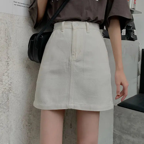 Denim Skirts Womens Summer Solid White Black Basic High Waist Short Skirt Femme A-line Women Elegant Students School Sundress