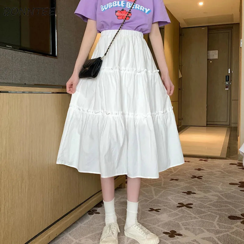Skirts Women Solid Fungus Elastic Waist Loose Ruched Midi Skirt Student Harajuku Simple Fashion Casual Ins Kawaii Japanese Daily
