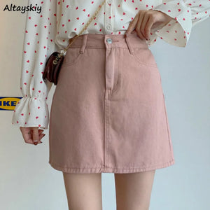 Skirts Women Solid Denim Mini High Elastic Waist Skirt A-line Simple Trendy Summer New Ulzzang Daily Students Cute Pink Leisure