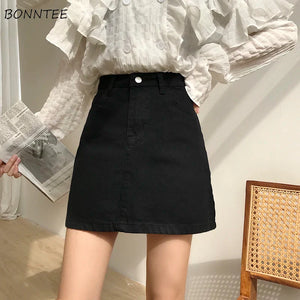 Denim Skirts Womens Summer Solid White Black Basic High Waist Short Skirt Femme A-line Women Elegant Students School Sundress