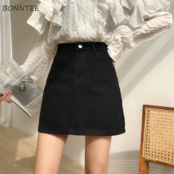 Denim Skirts Womens Summer Solid White Black Basic High Waist Short Skirt Femme A-line Women Elegant Students School Sundress