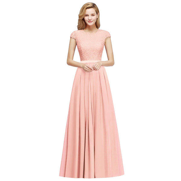 Popular Dusty Blue Lace Chiffon Long Bridesmaid Dresses Charming Short Sleeve Wedding Guest Dresses robe demoiselle d'honneur