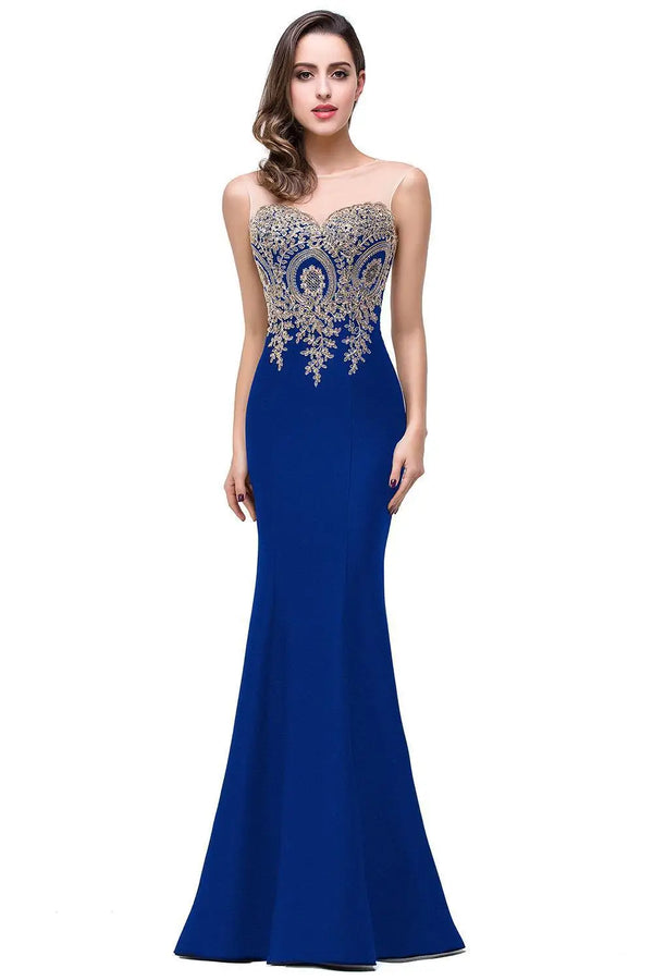 Elegant Mermaid Bridesmaid Dresses Women Golden Appliques Lace Royal Blue Sweetheart Illusion Wedding Party Dress Robe de Soiree