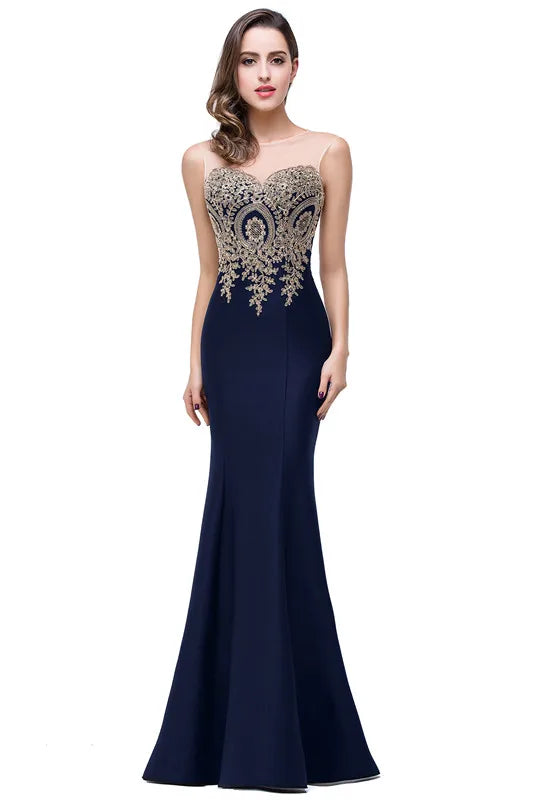 Elegant Mermaid Bridesmaid Dresses Women Golden Appliques Lace Royal Blue Sweetheart Illusion Wedding Party Dress Robe de Soiree