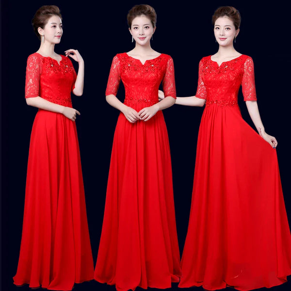DLH-68#Mother Bride Chiffon Lace Rrd Blue Long Bridesmaid Dresses Chorus Costume Bohemia Wedding Party Prom Gown Wholesale women