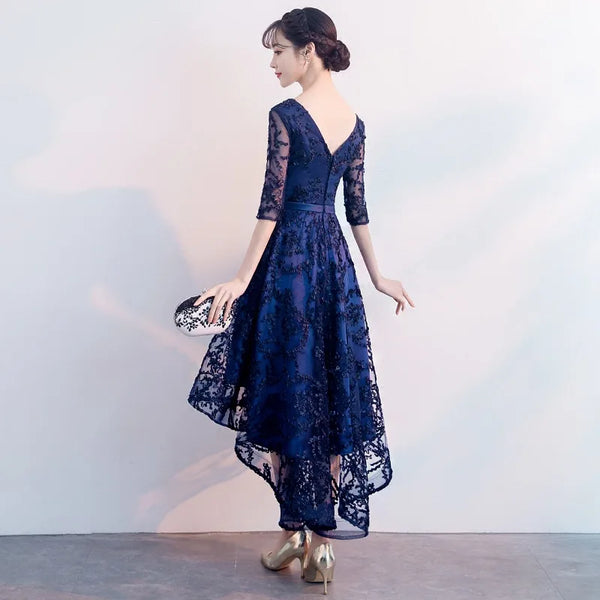 DongCMY New 2024 Navy Blue Color V-Neck Formal Bridesmaid Dresses Half Sleeves Women Elegant Bride Gown