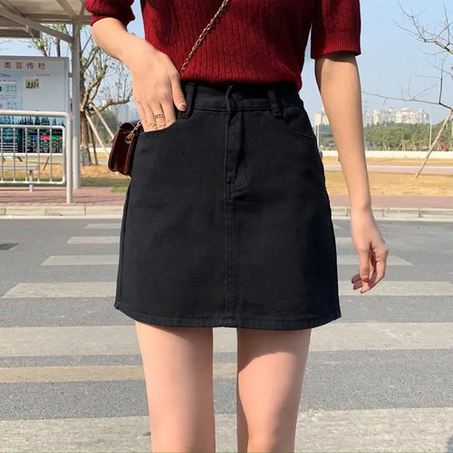 Skirts Women Solid Denim Mini High Elastic Waist Skirt A-line Simple Trendy Summer New Ulzzang Daily Students Cute Pink Leisure