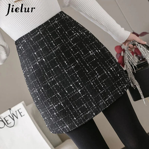 Jielur Women Skirt A-line Slim High Waist Zipper Autumn Winter Black Mini Skirts Womens Chic Saia Faldas Korean S-XL Plaid Skirt