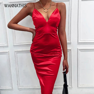 WannaThis Red Satin Deep V-Neck Summer Women Bodycon Knee-Dress sleeveless backless Elegant Party Outfits Sexy Slim Club Clothes