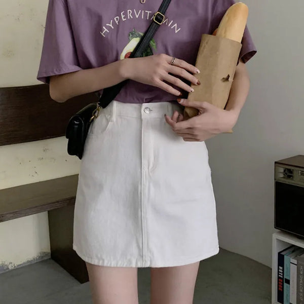 Skirts Women Solid Denim Mini High Elastic Waist Skirt A-line Simple Trendy Summer New Ulzzang Daily Students Cute Pink Leisure