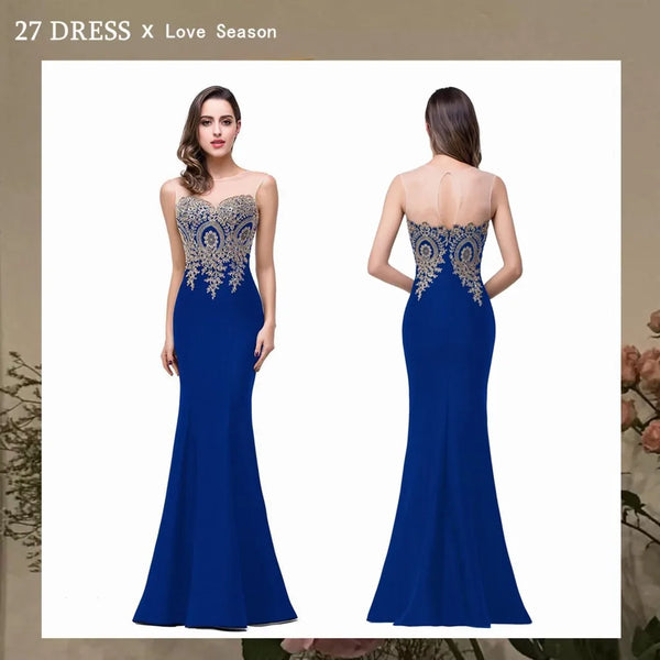 Elegant Mermaid Bridesmaid Dresses Women Golden Appliques Lace Royal Blue Sweetheart Illusion Wedding Party Dress Robe de Soiree