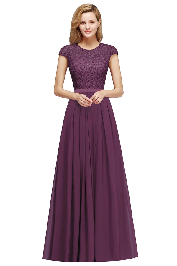 Popular Dusty Blue Lace Chiffon Long Bridesmaid Dresses Charming Short Sleeve Wedding Guest Dresses robe demoiselle d'honneur