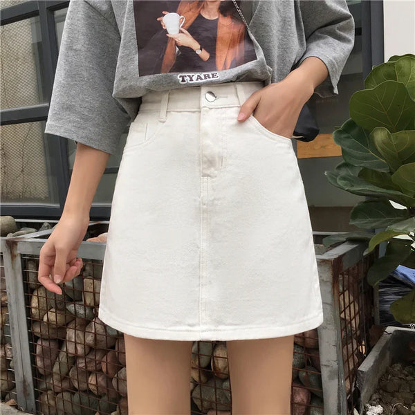 Denim Skirts Womens Summer Solid White Black Basic High Waist Short Skirt Femme A-line Women Elegant Students School Sundress