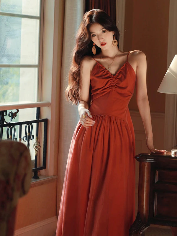 Azure Spun Yarn Elegant V-neck Red Holiday Dress
