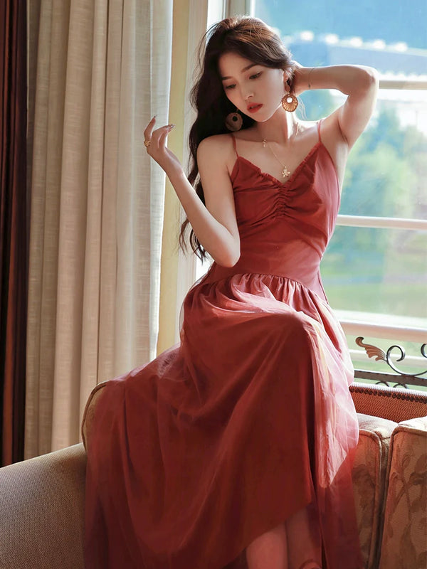 Azure Spun Yarn Elegant V-neck Red Holiday Dress