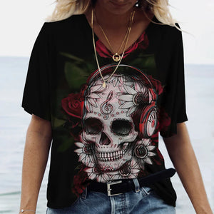 Funny 3D Skull Print T Shirt For Women Summer Hot Sale Short Sleeve Tops Fashion V-neck Women's T-Shirts Casual Loose Female Tee