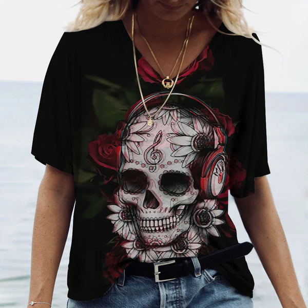 Funny 3D Skull Print T Shirt For Women Summer Hot Sale Short Sleeve Tops Fashion V-neck Women's T-Shirts Casual Loose Female Tee