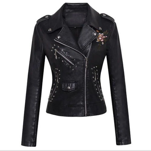 Women Patchwork Leather Jackets Flower Embroidery Rivets Short Section Pu Leather Small Jackets Casual Motorcycle Coats