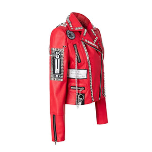 Women's Punk Rivet Leather Jacket, Short Fit, Zipper, Motorcycle Fashion, Rock, Quality, New, 2024