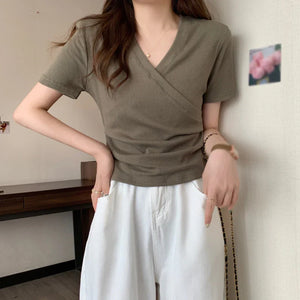 Elegant Cross V neck Slim T-shirt For Women Fashion Solid Slim Short Sleeve Tops Girly Summer Casual Versatile Pullover