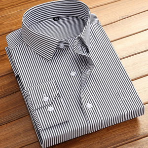 Cotton Men's Classic Long Sleeve Striped Basic Dress Shirts Single Patch Pocket Formal Business Standard-fit Office Social Shirt
