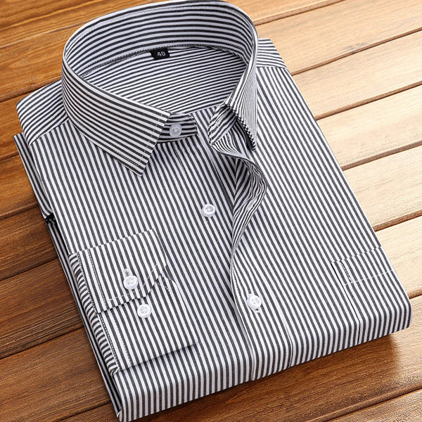 Cotton Men's Classic Long Sleeve Striped Basic Dress Shirts Single Patch Pocket Formal Business Standard-fit Office Social Shirt