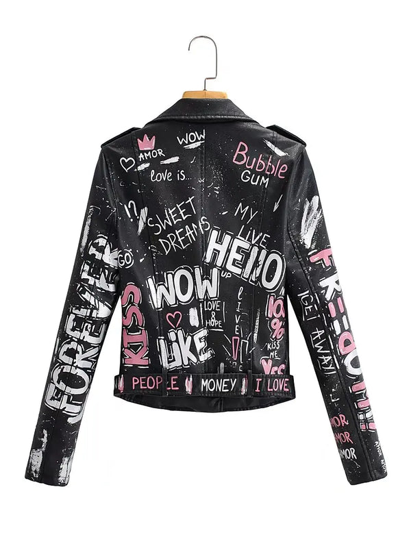 Women Autumn Winter Faux Soft Leather Jackets Coats Lady White Black PU Rivet Zipper Epaulet 3D Print Motorcycle Streetwear
