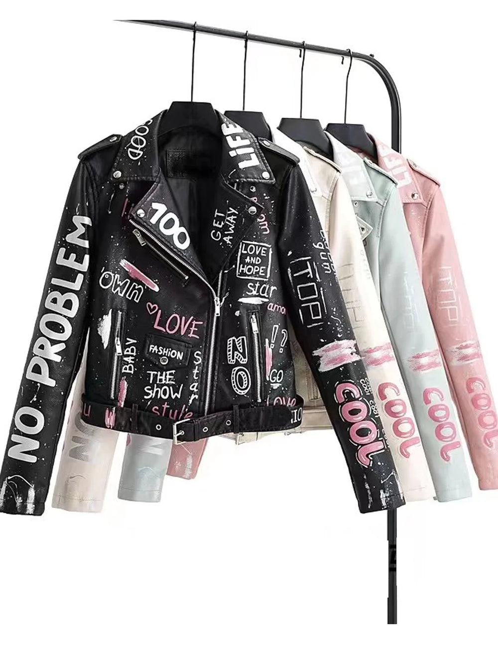 Women Autumn Winter Faux Soft Leather Jackets Coats Lady White Black PU Rivet Zipper Epaulet 3D Print Motorcycle Streetwear