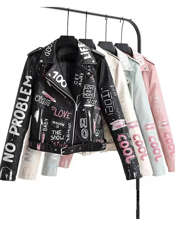 Women Autumn Winter Faux Soft Leather Jackets Coats Lady White Black PU Rivet Zipper Epaulet 3D Print Motorcycle Streetwear