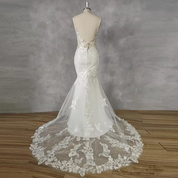 LSYX Deep V-Neck Sleeveless Appliques Shiny Tulle White Mermaid Wedding Dress 2024 Open Back Court Train Bridal Gown Custom Made