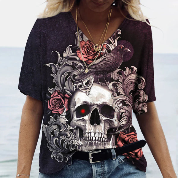 Funny 3D Skull Print T Shirt For Women Summer Hot Sale Short Sleeve Tops Fashion V-neck Women's T-Shirts Casual Loose Female Tee