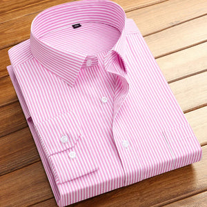 Cotton Men's Classic Long Sleeve Striped Basic Dress Shirts Single Patch Pocket Formal Business Standard-fit Office Social Shirt