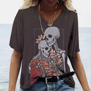 Funny 3D Skull Print T Shirt For Women Summer Hot Sale Short Sleeve Tops Fashion V-neck Women's T-Shirts Casual Loose Female Tee